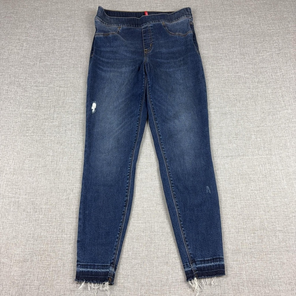 Spanx Jeans Womens M Blue Medium Wash High Rise Jegging Elastic Waist Fringe